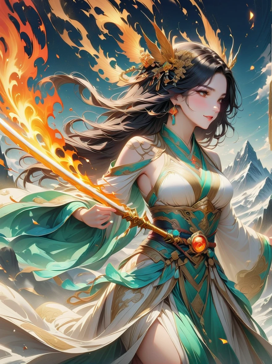 ((Vision))，((whole body))，Snow mountain sword painting method, Ancient style woman&#39;s cold ice flame sword, Holding a sword burning with blue flames, Dancing with a sword in white clothes, long hair flowing in the snow, Beautiful woman holding a silver sword, Wear jade jewelry, Her face is full of confident smile, She is suspended in the clouds like a fairy, Behind her are layers of mountains，(UHD, retina, masterpiece, ccurate, anatomically correct, textured skin, super detail, high details, 8k)，中国ink画风格，ink