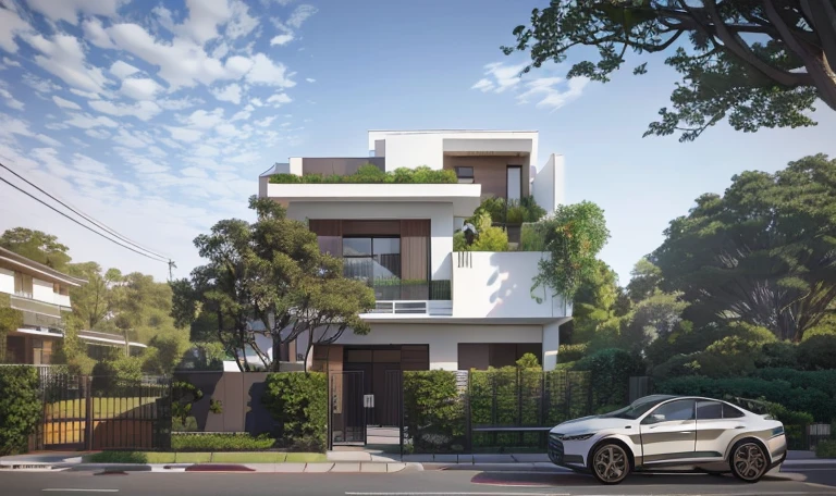 rendering of a modern house with a car parked in front of it, concept house, inter dimensional villa, urban house, frontview, wit studio, wide angle exterior 2022, mid-view, exterior design, modern lush condo as shopfront, contemporary house, realistic concept, architectural render, conceptual, detailed wide shot, all white render, mixed development
