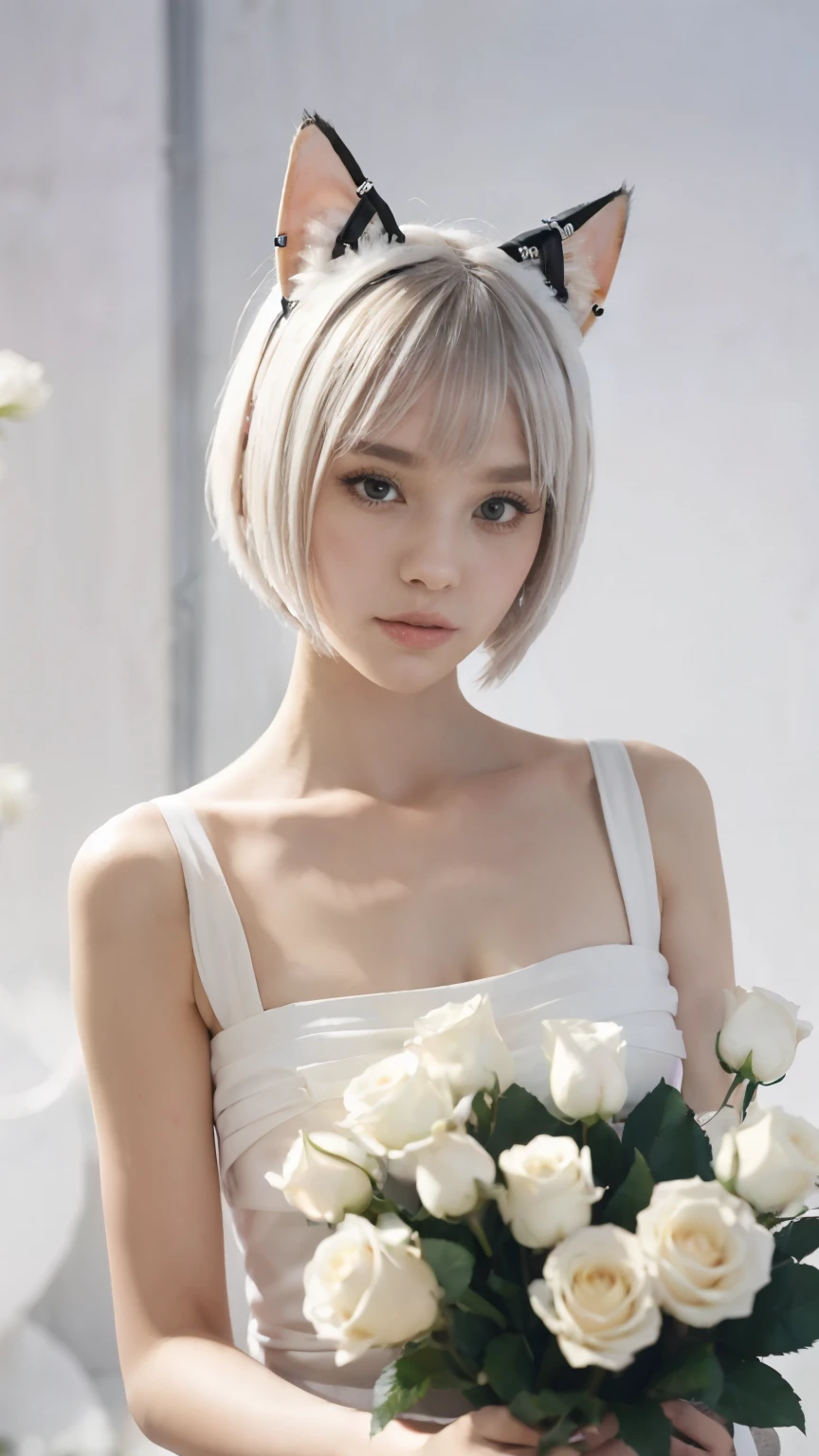 masterpiece, 4k, Bokeh, beautiful face, Harem, (Cat ears:1.3), (white bob hair:1.3) , looking at the viewer, cowboy shot, holding a large bouquet of white roses in both hands, (white room :1.4)