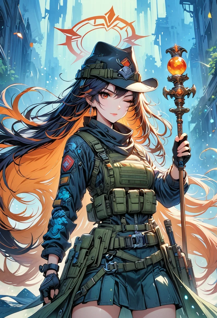 (masterpiece), best quality, Super detailed, illustration, warm light, bright colors, 1 girl, alone, Very long hair, gray hair, orange hair, Orange inner hair, Red eyes, Colored inner hair, bicolor hair, ahog, Ridiculously long hair, orange Colored inner hair, colorful hair, halo, , , jumpsuit, flowing hair, Wind, one eye closed, staff, skirt, armor, hat, floating,, ,  