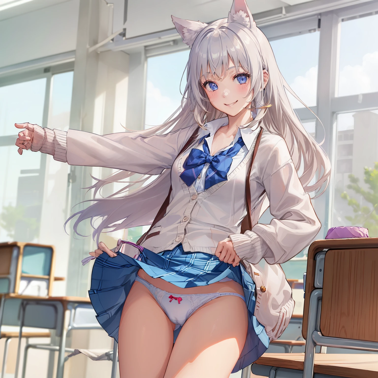 ((1 girl:1.5))、(smile:1.5)、、(cowboy shot)、(fun!!)、(white cardigan:1.5)、(dog ears)、(silver hair)、blush、(long hair)、(eye highlights:1.3)、blake black shoes,(黒いskirt:1.5)、bow, button, shirt with collar, long sleeve, ((red bow tie, ,, white shirt, チェック柄のskirt:1.5、white socks)),, shirt,, skirt, socks, thighs, white shirt, Rest indoors, ((classroom:1.5))、 BREAK while watching the audience、 (perfect hands, perfect anatomy),cowboy shot、(skirtlift:1.3),(highly detailed white panties:1.3)、(highly detailed panties:1.3)、、(skirt that rolls up:1.3)、(fully exposed panties:1.5)、light blue eyes