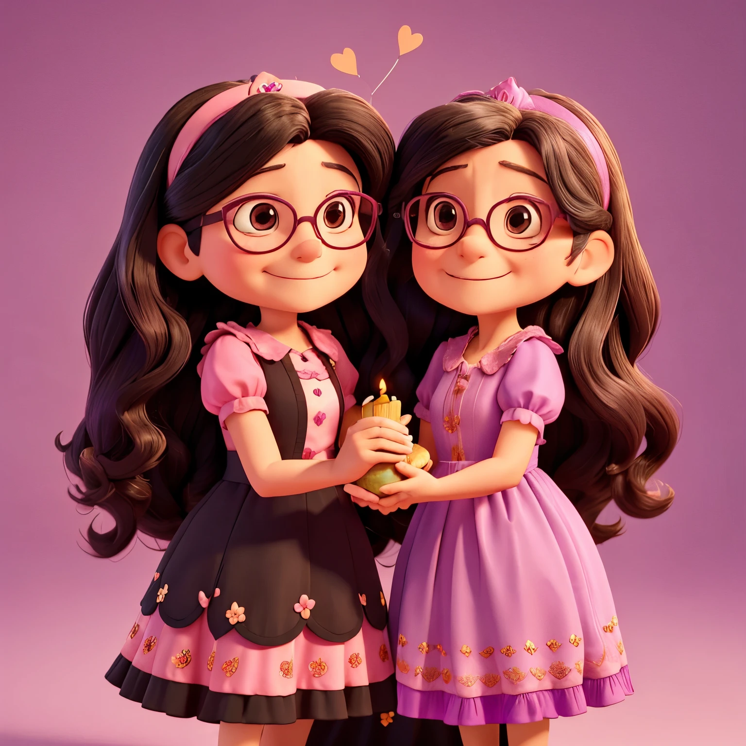 Elderly brunette grandmothers with long black hair glasses, one with a pink dress, the other with a lilac dress, singing birthday 🎂