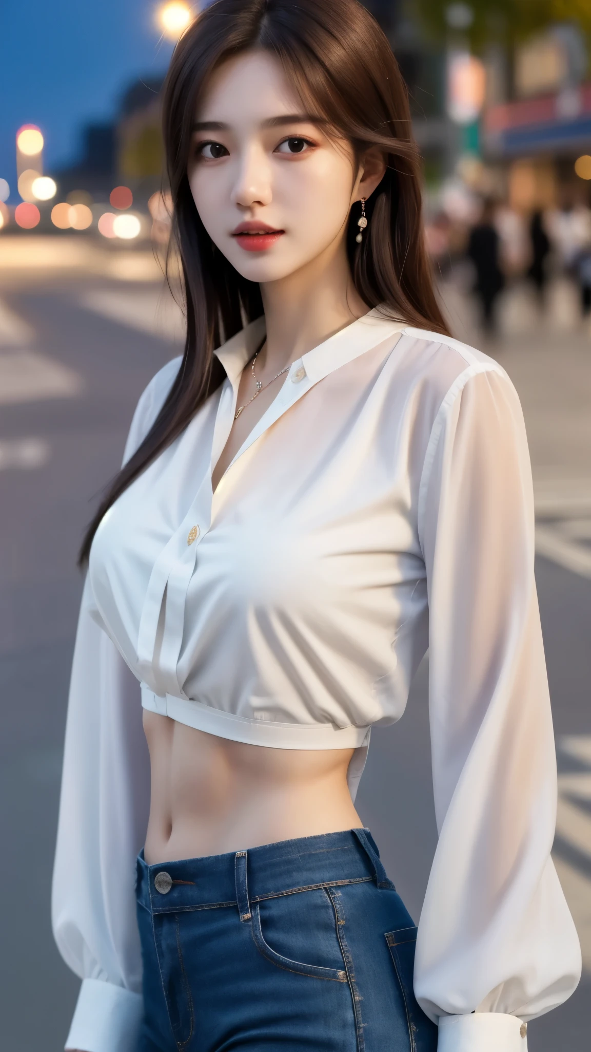 (Best Quality, masutepiece, Ultra HD: 1.3), 1girl in, (middlebreasts), light brown hair, Asymmetrical hair, straight haired, Long hair,( slender body shape, Constricted waist),(Ultra Fine Face), Delicate lips, (Beautiful eyes), thin blush, eyes are brown, perfect glossy skin,View here, ( hide one's hands), See-through white blouse, White see-through tight skirt.Thin leg. (a japanese girl,hposing Gravure Idol),Broad-leaved forest