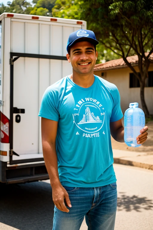 man with a box of water bottles in his hand, ele usa uma camiseta na cor roxa, in the background a delivery truck full of boxes with water bottles, realista, fotografia, 8k, filme real