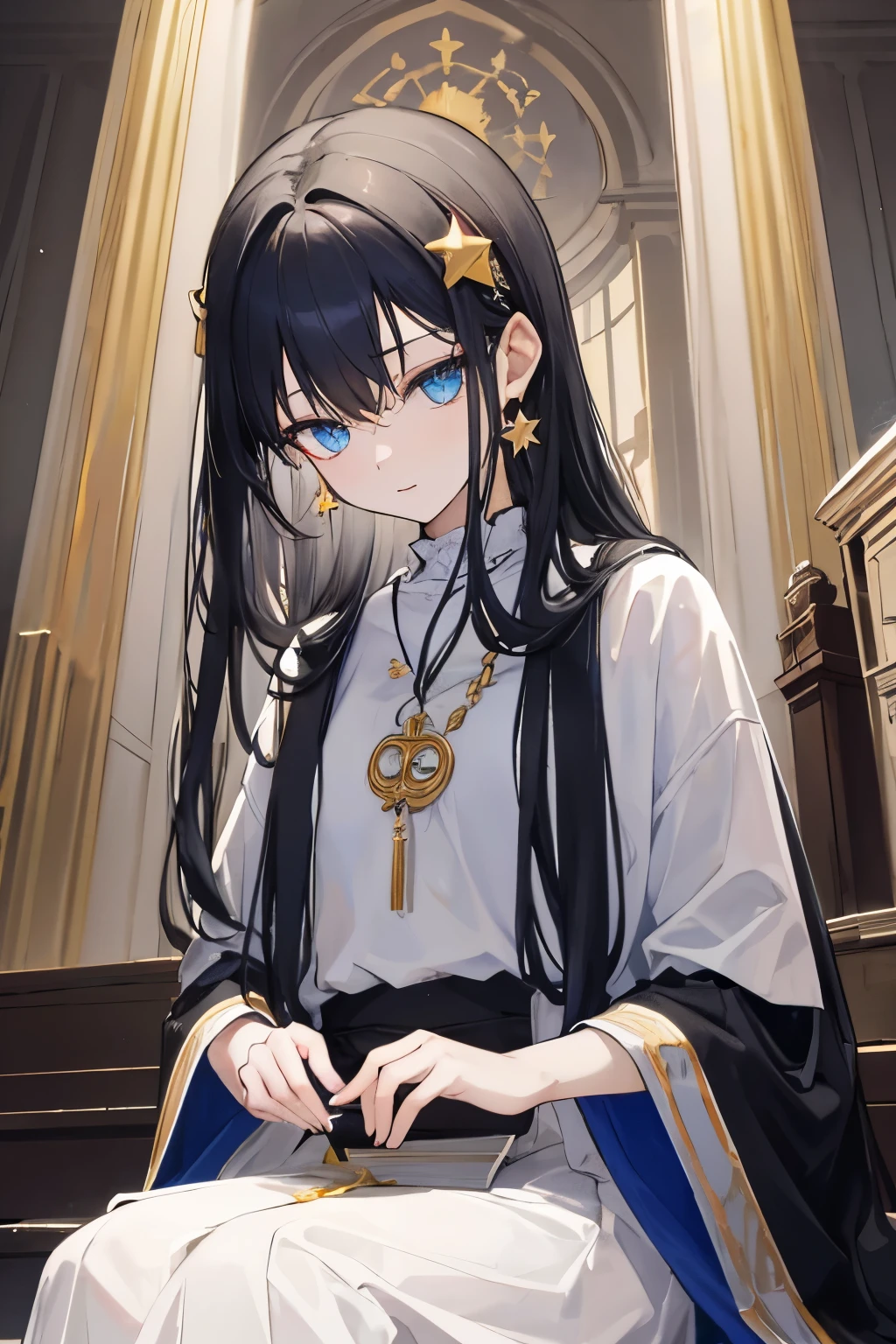 ((best quality)), ((masterpiece)), (detailed), perfect face,a slender girl with long black hair and blue eyes, sitting high within a grand and sacred temple, looking down below. She has a star-shaped hair accessory and seems to be in a good mood. The focus is on capturing her peaceful expression, the details of her star-shaped accessory, and the contrast between her youthful serenity and the imposing grandeur of the temple,