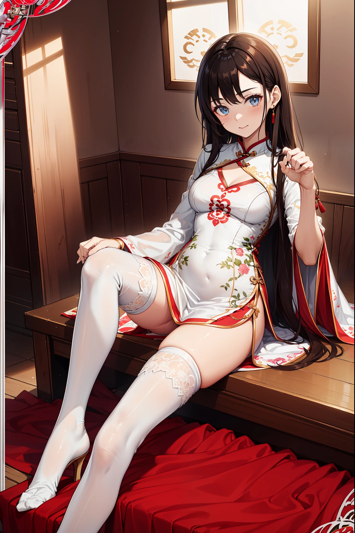 age girl,Holy,reserved,(Pure white elegant cheongsam:1.2),long skirt,(Black thigh socks),(brown hair:1.2),blue eyes,Ultra-detailed,lace,exquisite embroidery,Exquisite pattern,(exquisite clothing),Chinese residential buildings,the only person,Beautiful and delicate face,pose elegantly