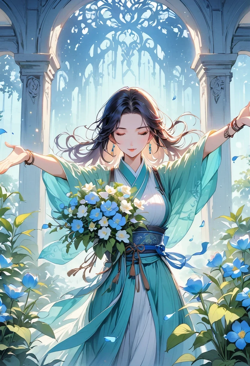 in the fragrant garden, Blind woman standing with arms outstretched, gently caressing the petals of the flowers she encounters, Connect with nature and sweet blue flowers.