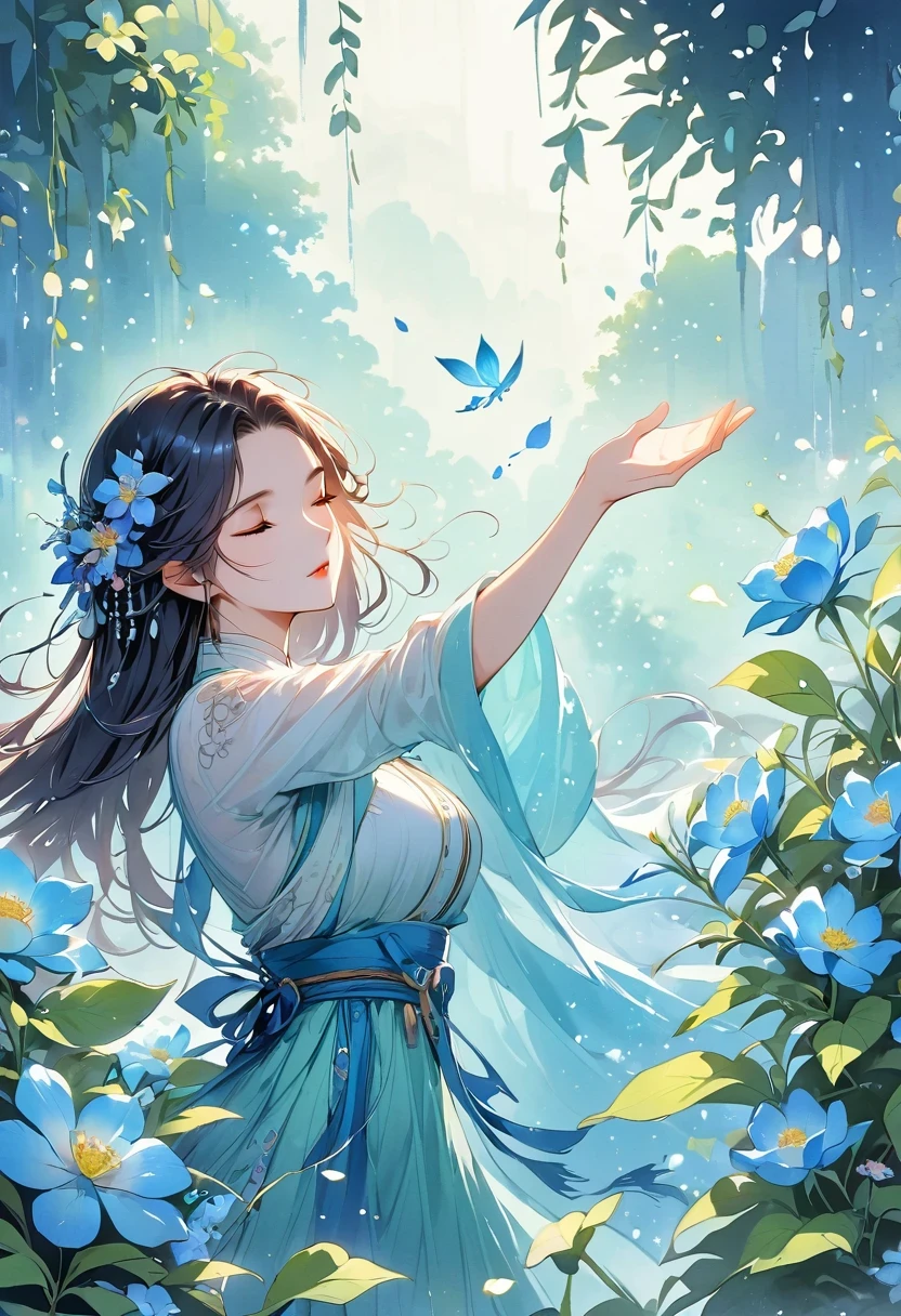 in the fragrant garden, Blind woman standing with arms outstretched, gently caressing the petals of the flowers she encounters, Connect with nature and sweet blue flowers.