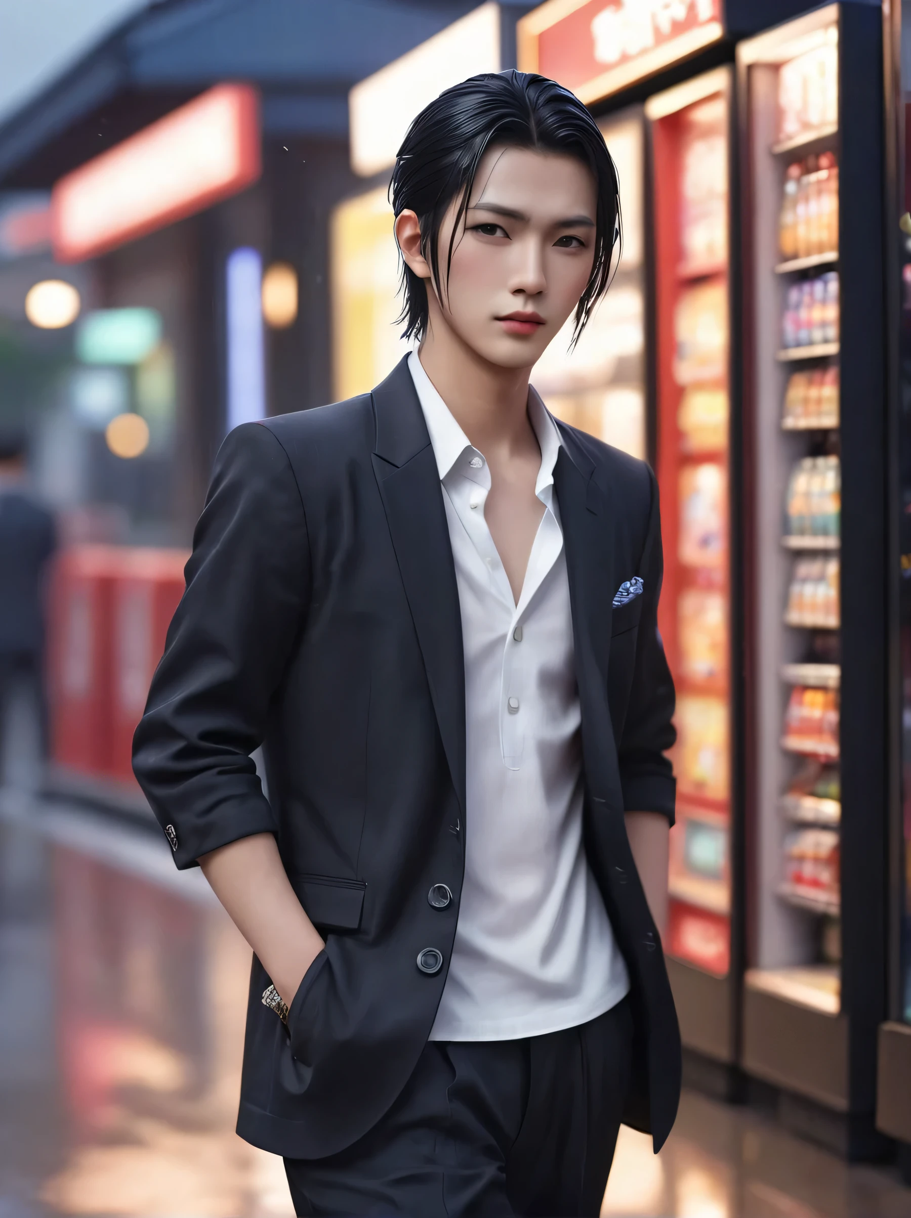 Fullbody, photography of asian young handsom men, sixteen, ponytail quiffy hairstyle, yakuza, wearing cloth, blazer, with simpel sarong, black color, walking front vending machine, artist, best render, rainy, dynamic, bokeh, smooth, best detailed, realistic ultra graphic
