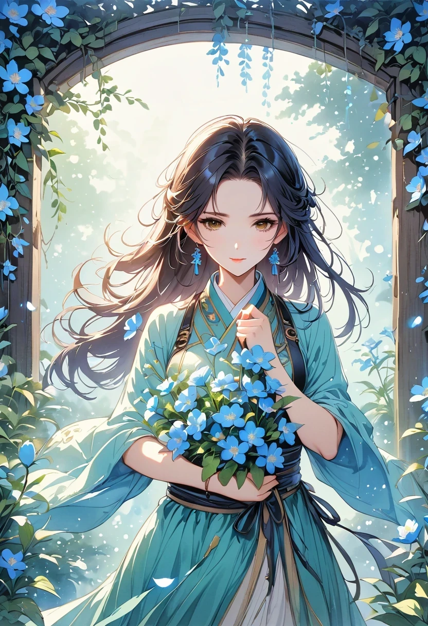 in the fragrant garden, Blind woman standing with arms outstretched, gently caressing the petals of the flowers she encounters, Connect with nature and sweet blue flowers.