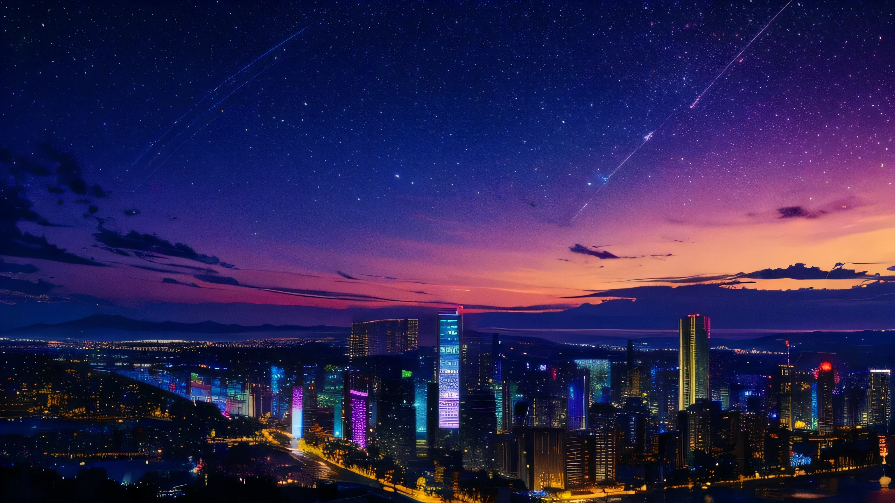 Music score playback、Colorful sheet music is played、 Night view from a high place、Drawing a large number of skyscrapers, Look up at the starry sky. Colorful nebula and colorful metropolis.