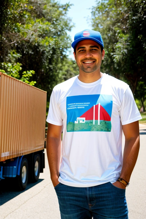 man with a box of water bottles in his hand, ele usa uma camiseta na cor roxa, in the background a delivery truck full of boxes with water bottles, realista, fotografia, 8k, filme real