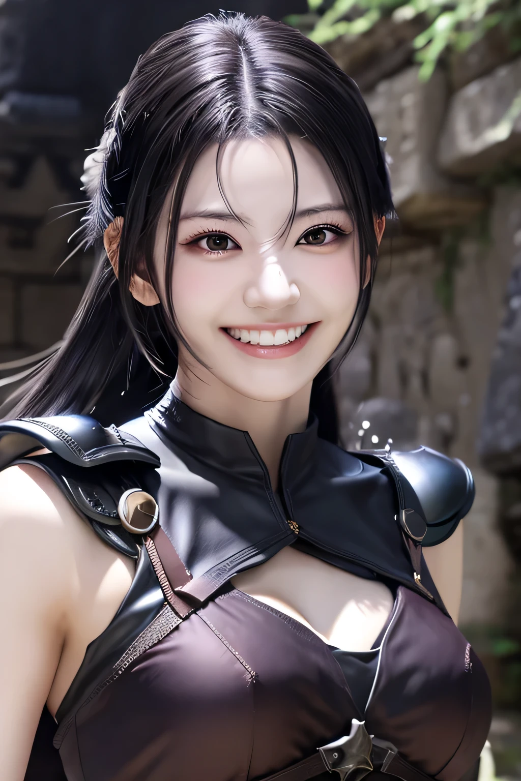highest resolution, 4k, masterpiece: 1.3), japanese mature, photo of a woman, sexy, fine eyes, slender body shape, realistic teeth, double eyelid, full body, highest quality, be familiar with, equipped with armor, in a fantasy world, The background is a castle、black hair、smile、beautiful teeth