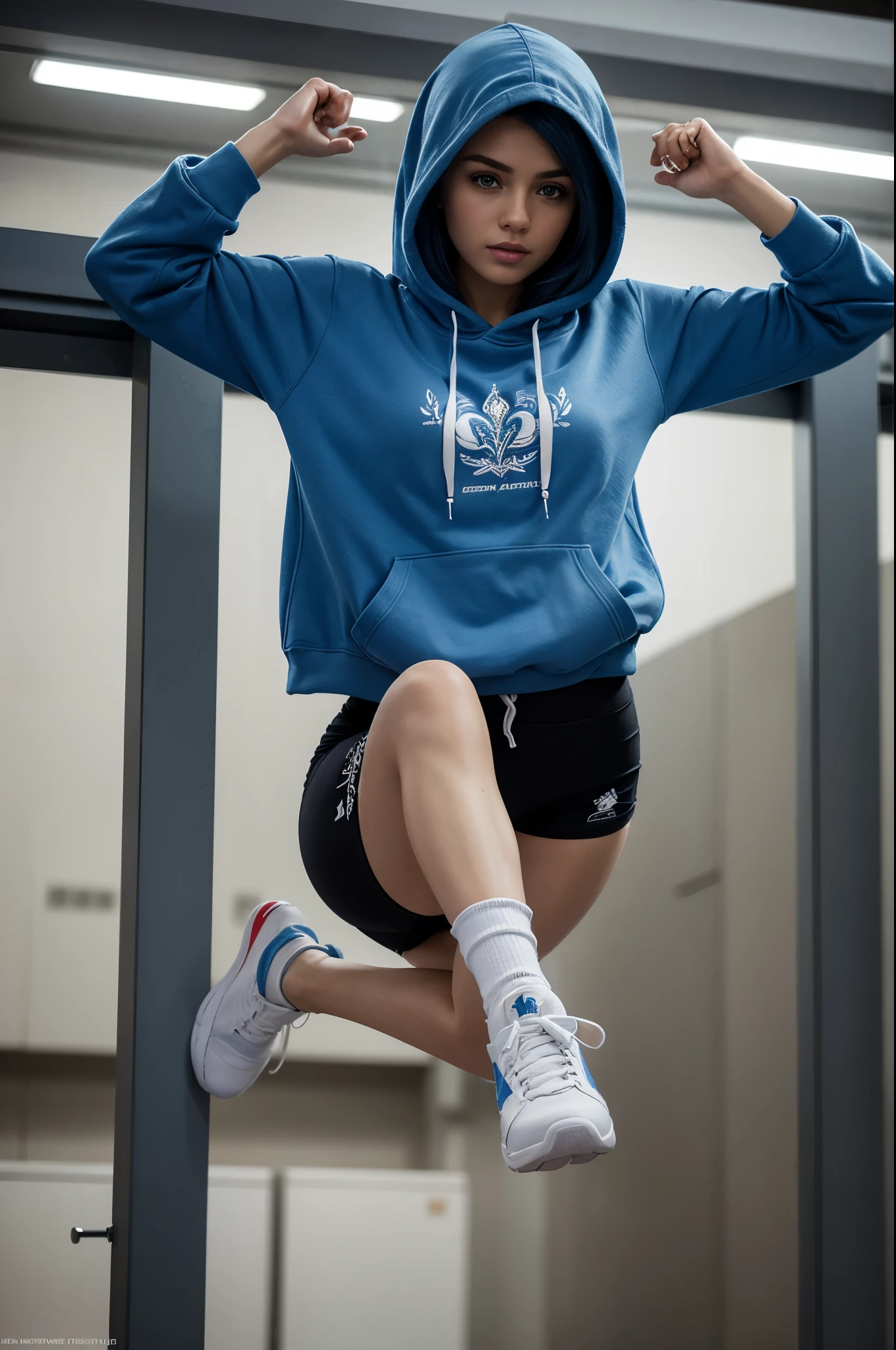 masterpiece, best quality, extremely detailed, hyperrealistic, photorealistic, a pretty eastan european woman, ultra detailed face, hoodie:1.1, artistic jumps, break dance, strenuous movements, dynamism, blue hair, medium hair
