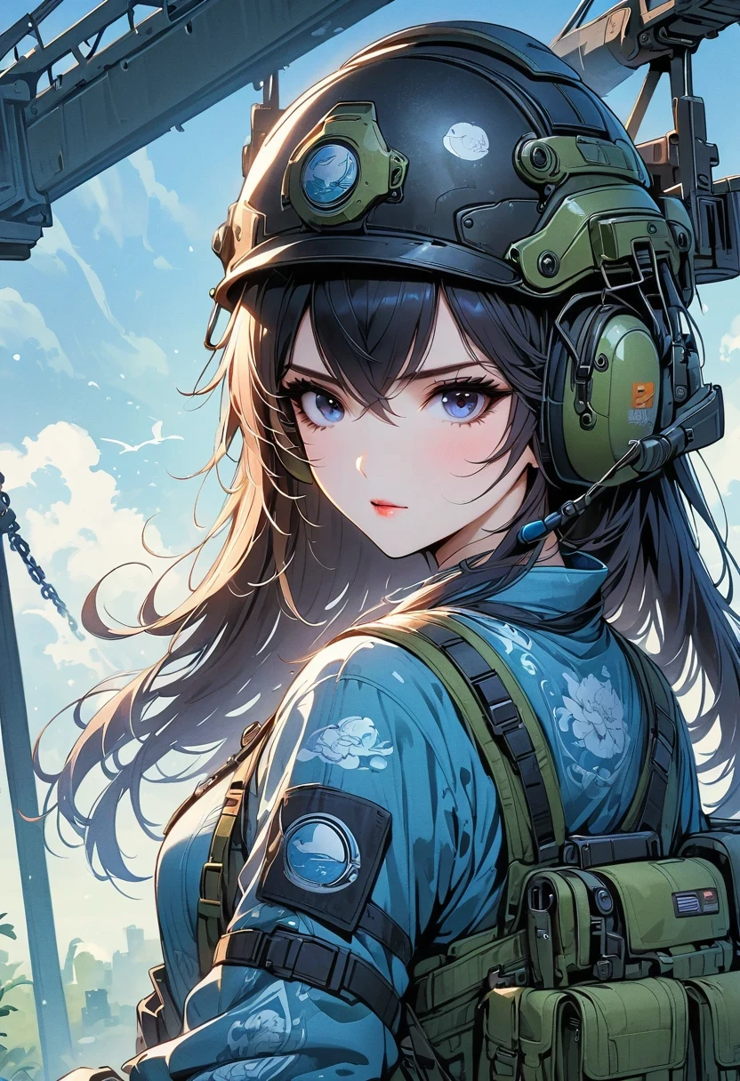 masterpiece, top quality, Very detailed, unified 8k wallpaper, (Take a crane), firmament, 1 girl, heavy machine, gradient hair, hair between eyes, ahog, age: 16, look back, pretty face, Beniso,