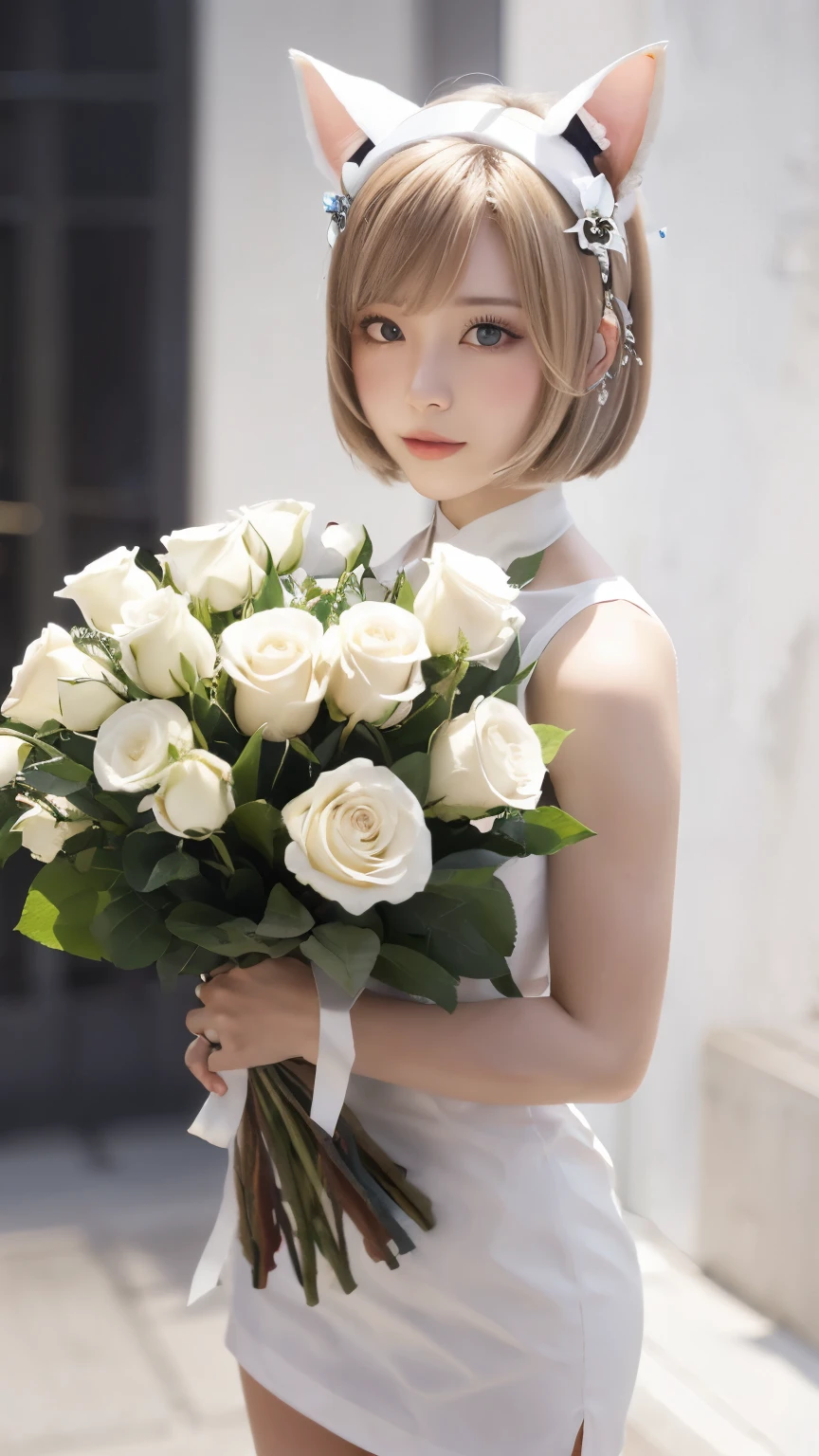 masterpiece, 4k, Bokeh, beautiful face, Harem, (Cat ears:1.3), (white bob hair:1.3) , looking at the viewer, cowboy shot, holding a large bouquet of white roses in both hands, (white room :1.4), closeup