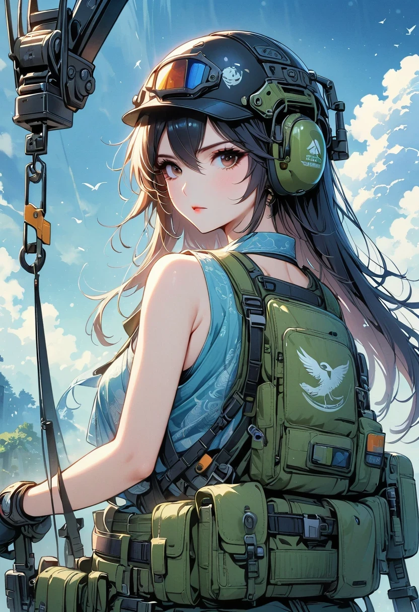 masterpiece, top quality, Very detailed, unified 8k wallpaper, (Take a crane), firmament, 1 girl, heavy machine, gradient hair, hair between eyes, ahog, age: 16, look back, pretty face, Beniso,