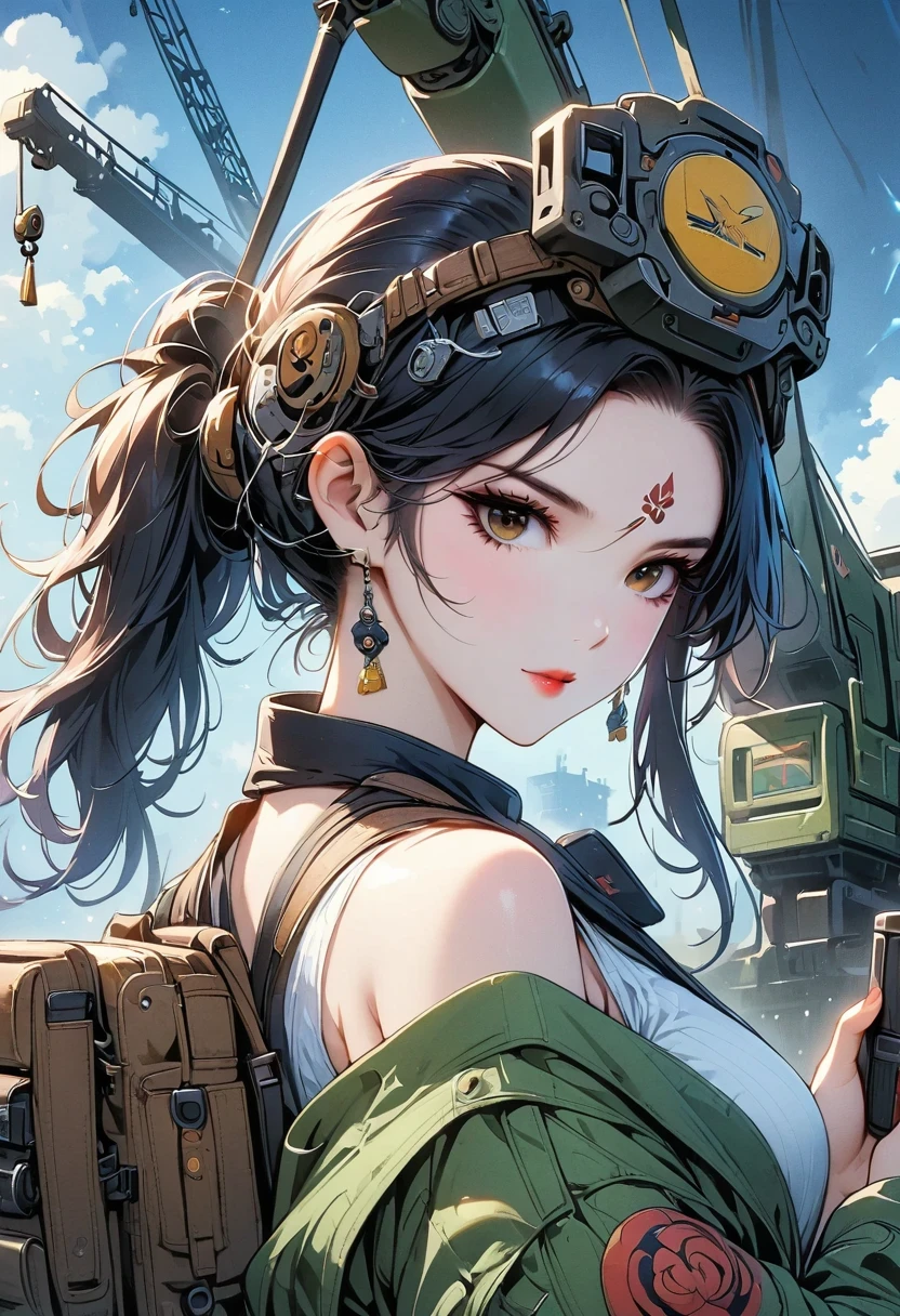 masterpiece, top quality, Very detailed, unified 8k wallpaper, (Take a crane), firmament, 1 girl, heavy machine, gradient hair, hair between eyes, ahog, : 16,ook back, pretty face, Beniso,