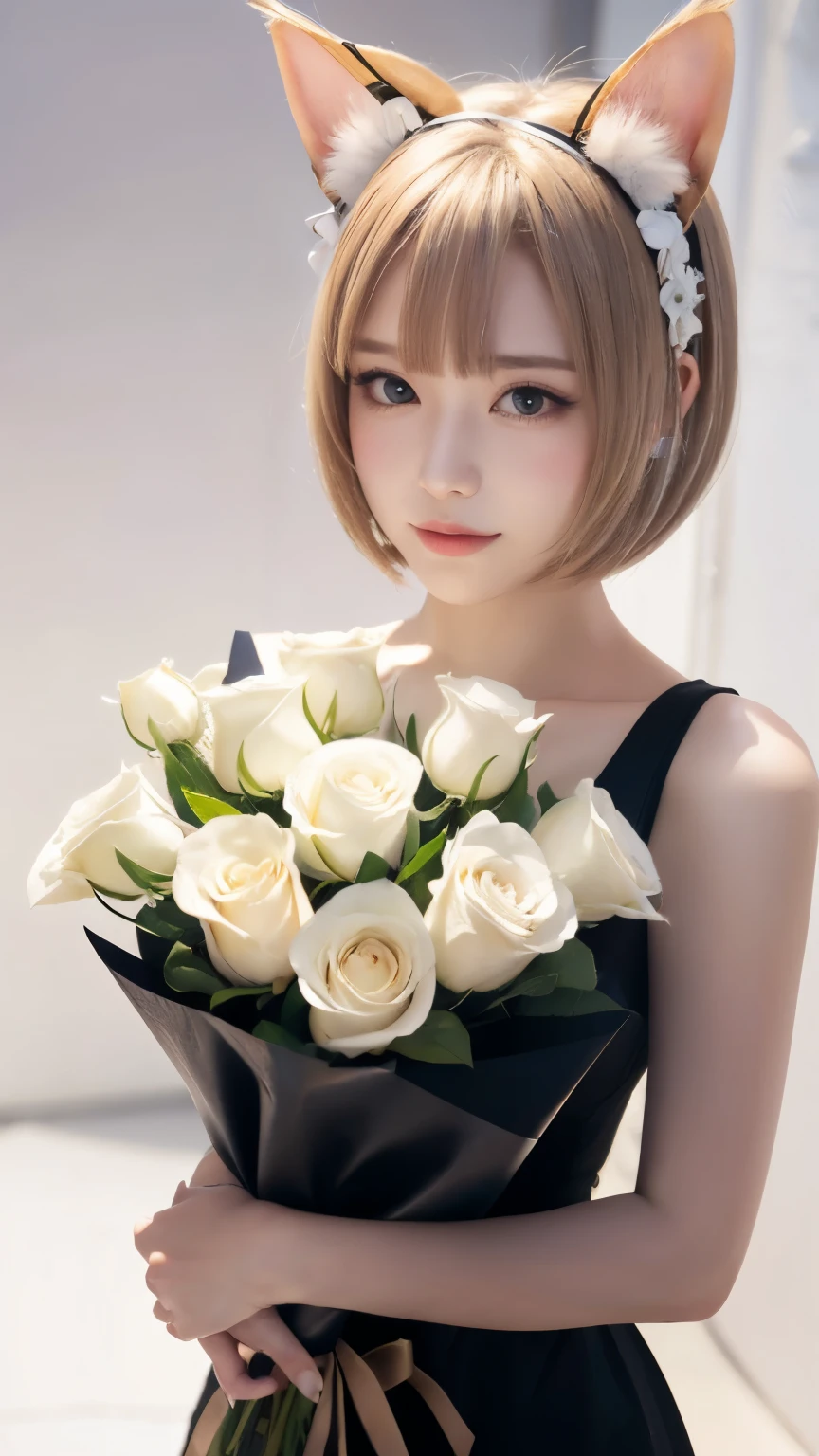 masterpiece, 4k, Bokeh, beautiful face, Harem, (Cat ears:1.3), (white bob hair:1.3) , looking at the viewer, cowboy shot, holding a large bouquet of white roses in both hands, (white room :1.4), closeup