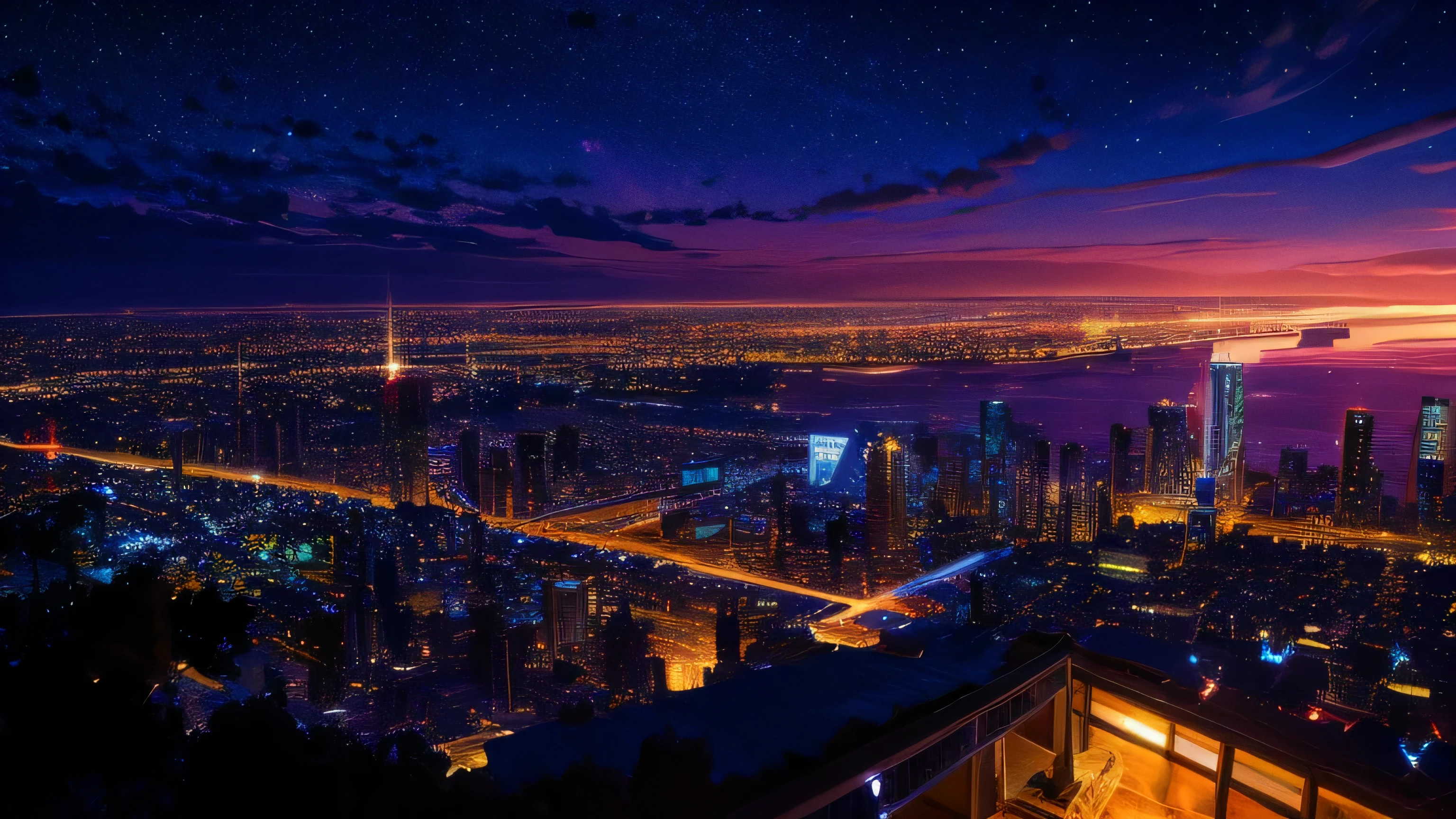 Music score playback、Colorful sheet music is played、 Night view from a high place、Drawing a large number of skyscrapers, Look up at the starry sky. Colorful nebula and colorful metropolis.