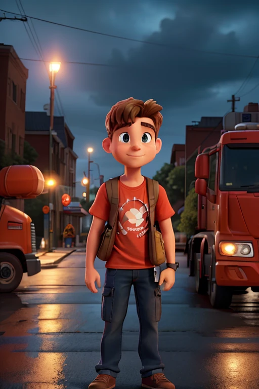 In the foreground, a realist scene unfolds: A man clutches a box of water bottles in his hand, wearing a red t-shirt. He stands calmly in the middle of the street, framed by the soft glow of the surrounding lamplights. In the background, a delivery truck, laden with similar boxes of water bottles, comes into view. A filmic scene unfolds in 8k resolution, as the headlights from the truck pierce the night, illuminating the man and casting a warm, orange hue over the scene. The sound of the truck's engine rumbles in the air, intertwining with the gentle pitter-patter of raindrops