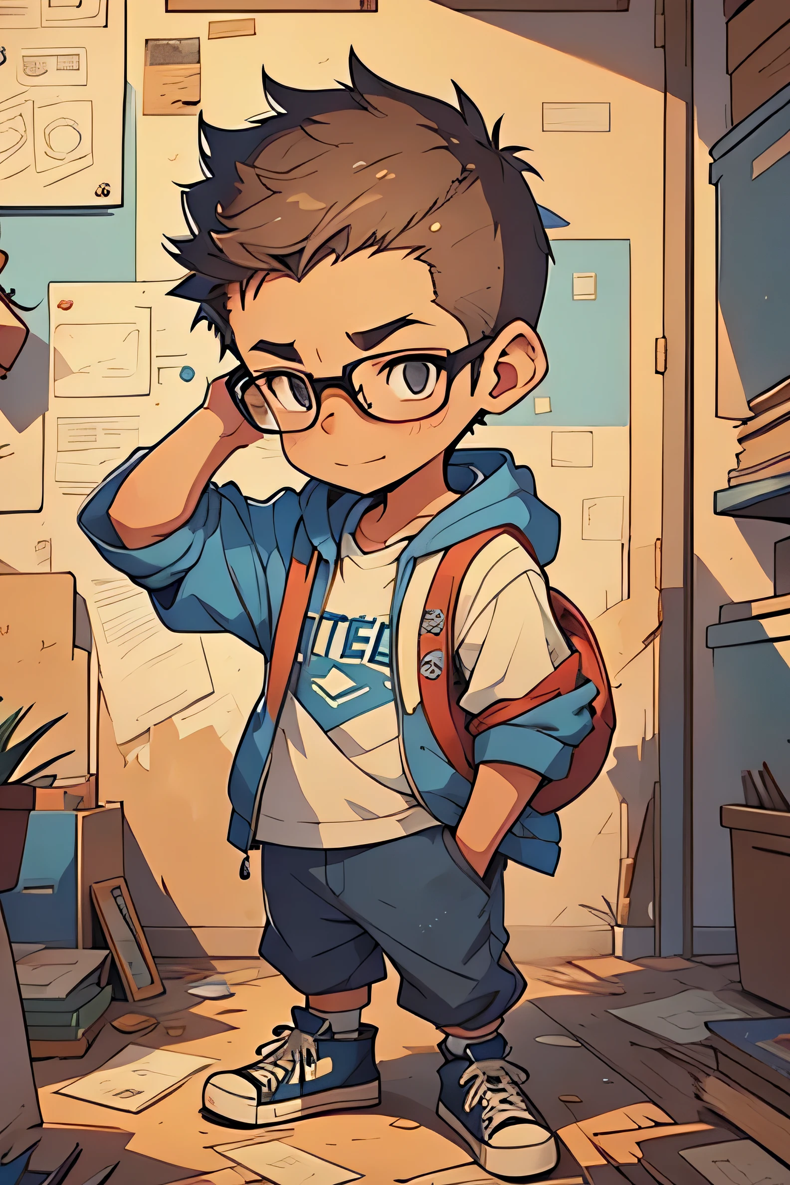 stickers of a nerdy teenager in blue clothes, all star sneakers, standing scratching his head doubtfully as if he had lost something, cartoon style, illustration, 2D, 2d drawing, with outline, chibi