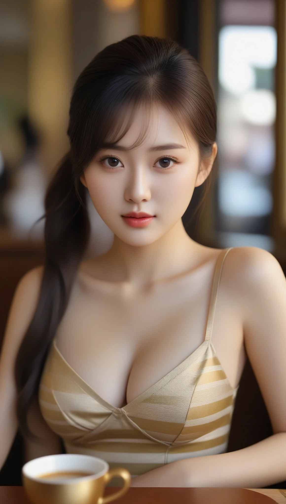 Best quality, Realistic, Photorealistic, extremely detaile, An extremely delicate and beautiful, RAW photo, 4K,8K,Professional lighting, Dynamic lighting, light in face, Depth of field, solofocus, full bodyesbian, Japanese and Korean beauties，South Korean beauties，A 20-year-old female, Brown hair, Brown eyes, Teethless，Fashion girl, Beautiful eyes, Large breasts，perfect boobs，Real face, Real skin, Realistic face, Realistic skin, Detailed eyes, Detailed facial features, detailed clothes features,Translucent clothes，(fashionable attire:1.3), (fashion hair: 1.3) dynamicposes,Detailed face and breasts, (PureErosFace),