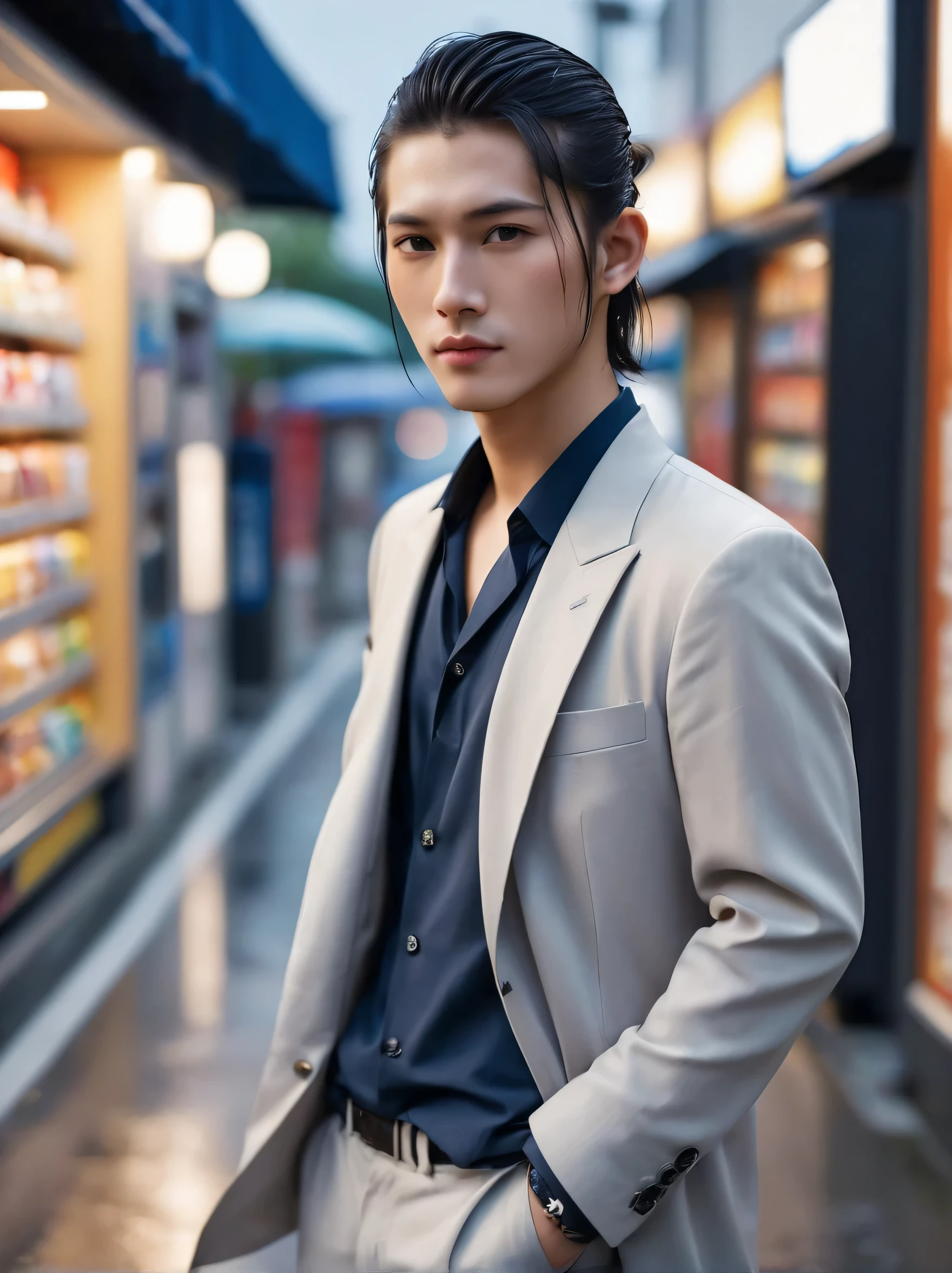 Portrait, photography of asian young handsom men, sixteen, ponytail hairstyle, yakuza, wearing cloth, blazer, with simpel sarong, blue-black color, walking front vending machine, artist, best render, rainy, dynamic, bokeh, smooth, best detailed, italy street