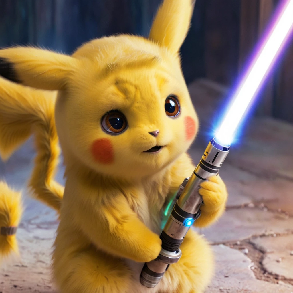 PIKACHU like a Jedi with a lightsaber, PIKACHU holding a lightsaber with both hands, delicate, impressionistic, bright, vivid, colorful, highly detailed, magnificent, heavenly, ethereal, ethereal, celestial, painterly, wonderful, magnificent, magical, fantasy art, Cover art, dreamy, watercolor ethereal fantasy concept art.