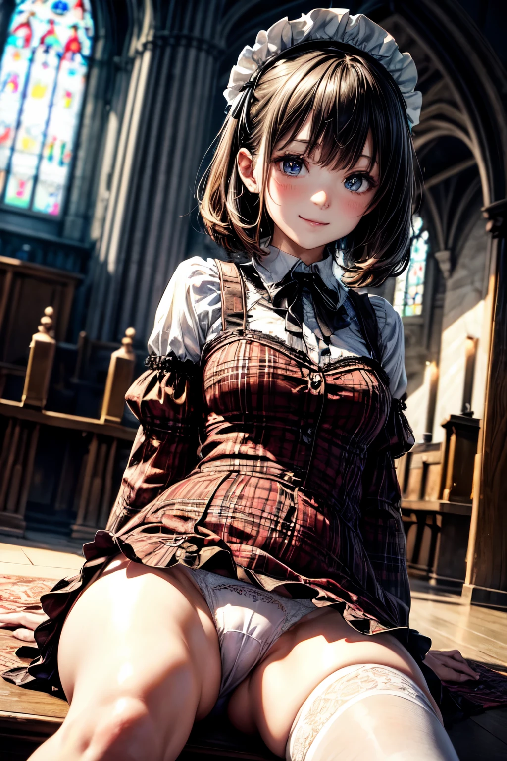 very cute and beautiful girl,(highly detailed beautiful face), (smile),blush,black hair,looking at viewer,(elegant brown plaid  dress with detailed frills),detailed lace, sitting,(spread behind back,(white panties), altar,cndoors, (best quality,masterpiece:1.0),absurdres,highres,ultra-detailed,extremely detailed,32k,8k resolution, intricate details,cinematic scene,detailed background,solo,dynamic angle,
