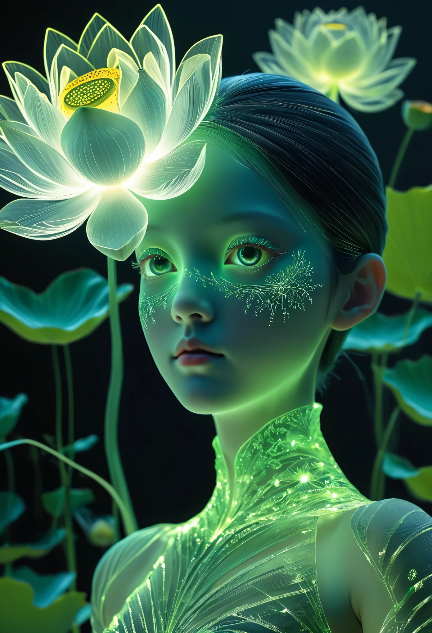 high resolution, Super detailed, (1 girl:1.3),(lotus)
BREAK Sun exposure, reverberation, Experimental photography, surreal contrast, Eye-catching visuals, Artistic abstraction,
Break the art of cutting, layered silhouette, complex patterns, exquisite craftsmanship, shadow play, Depth and size, creative expression,
break art, Frozen sculpture, translucent forms, short-lived beauty, Crystal structure, exquisite craftsmanship, impressive,
break green eye,body glow,Glowing lines,fluorescence,glow example,Example tracking,flash,萤light particles,Backlight,Translucent,light particles
