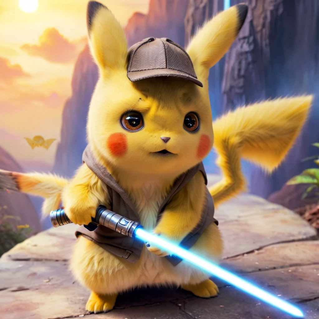 PIKACHU like a Jedi with a lightsaber, PIKACHU holding a lightsaber with both hands, delicate, impressionistic, bright, vivid, colorful, highly detailed, magnificent, heavenly, ethereal, ethereal, celestial, painterly, wonderful, magnificent, magical, fantasy art, Cover art, dreamy, watercolor ethereal fantasy concept art.