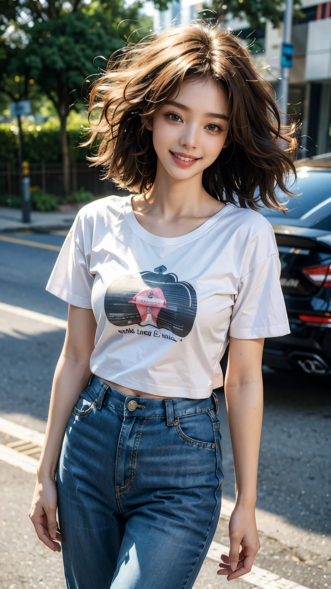 highest quality, masterpiece, ultra high resolution, (realistic:1.4), 20-year-old,1 girl,super high quality,8K,((afro hair)),thinウエスト,thin脚,thin and beautiful arms,beautiful fingers,((Super realistic image quality)),sale eye makeup,thin,Medium chest,soft chest,(((生地thin短いタイトなＴshirt and pants only))),The shirt is short enough to show the underline of the tits,,beautiful breasts,realistic,picture media chest)),((toothy smile)),((big smile))