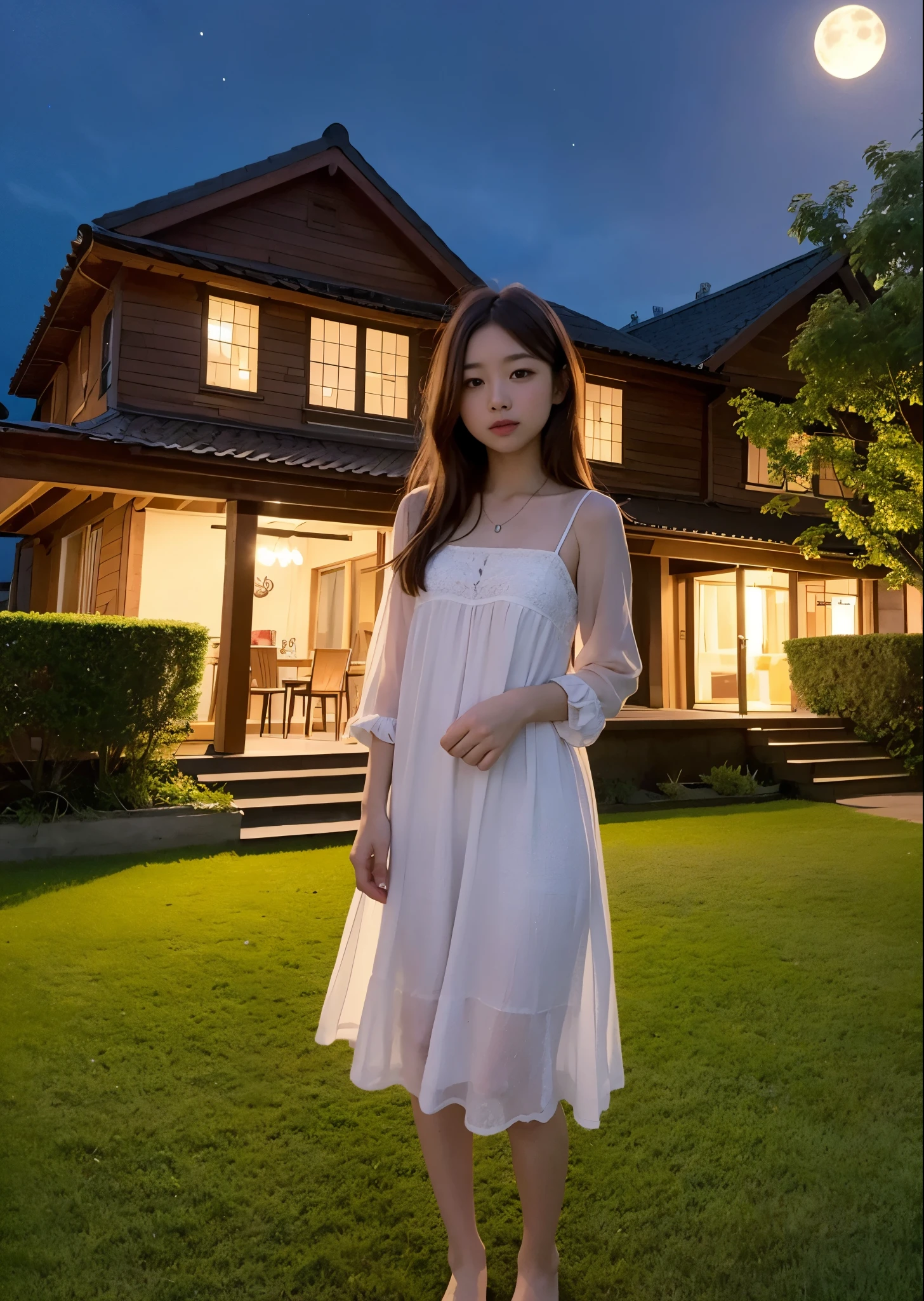 A girl standing on a lawn at night、Woman in nightdress、brown hair、full body photo、There are no structures around、Moonlight night、aurora、masterpiece、highest quality、Super detailed、official art
