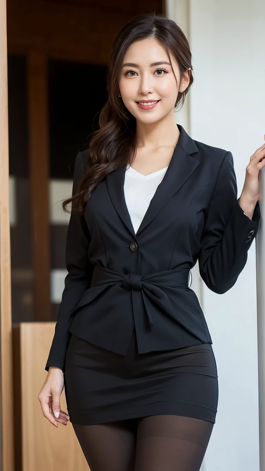 ulzzang-6500-v1.1, (Raw photo:1.2), (Photoreal), (genuine:1.4), ((muste piece)),(very realistic, High resolution, detailed face, fine eyes), thin woman, 40 years old, cute face, look at the audience, (very affectionate smile:1.2)、Hair styled in an up-do, slim body shape, small breasts, very thin waist, At the office, wearing a strict business suit, skirt and thighs, (super realistic pantyhose:1.3), exposed thighs!!!
