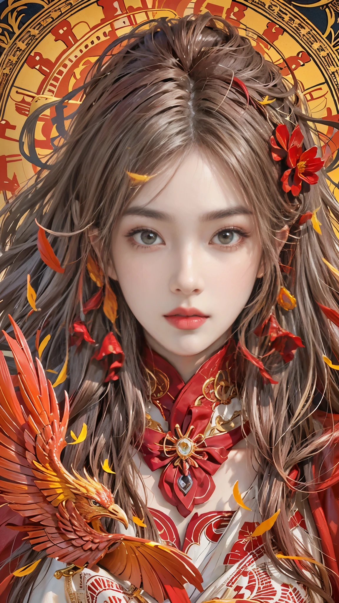 Official art、Flame Wizard、Beautiful woman in red ugly robes with open breasts、PerfectNwsjMajic,(masterpiece、top-quality、top-quality、Official art、Beautifully Aesthetic:1.2)、(1girl in)、ighly detailed、colourfull、highestdetailed、Official art、Unity 8k壁纸、ultra-detailliert、Beautifully Aesthetic、Beautiful face in detail、masterpiece、top-quality、(Zentangle、a Mandala、Tangles、Entanglement)、Sacred Flame、pure、There are also resilient messages, Overcoming and hope. Breasts are small and B size、A slender、The chest is open、Eyes are double(A detailed eye), Beautifully detailed、Hair that flutters in the wind、Maroon Gradient Hair Color、Hair is red、high-heels、Gold Anklet、Phoenix in the background、Beautiful girl who can obey the big firebird、