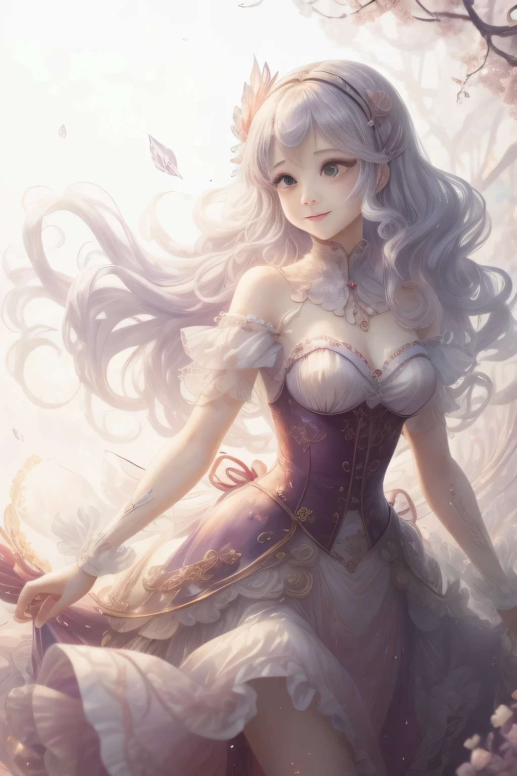 Watercolor Touch,a woman by AYAKO ROKKAKU, luminous design, pastel colours,spring lights,Artistic,black and deep red,a beautiful girl，Skin detail processing，The eyes are finely described，Delicate hair，wavy long hair，Long light hair，Wear a large bow on your head，skirt，Retro contrasting、（purple、yellow）、spark、fantasy creature, elaborate details, painting, springcolor painting,Loose and fluffy、long curled silver hair、dutch angle,good anatomy,dynamic pose, action pose, open pose, dynamic angle,(Evere_shy smile:1.2), details layered skirt、Art Nouveau fashion embroidery、glasswork、horny girl, cute type、Transparent blood vessels、very delicate face,soft clean focus, analog 150mm lens、Beautiful natural soft rim light、
