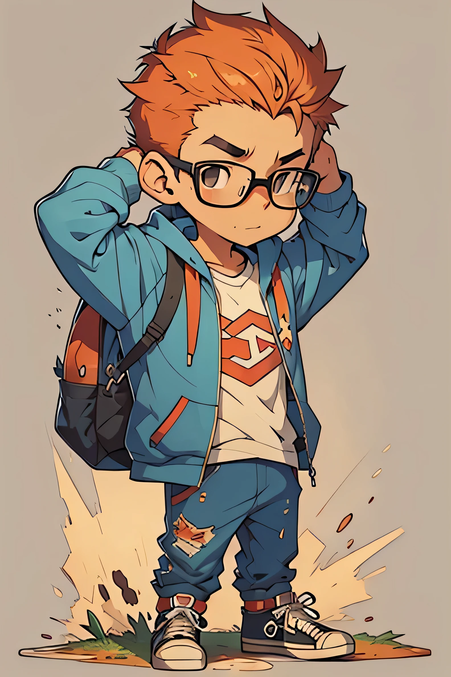 
stickers of a nerdy teenager in blue clothes, all star sneakers, standing scratching his head doubtfully as if he had lost something, cartoon style, illustration, 2D, 2d drawing, with outline, chibi