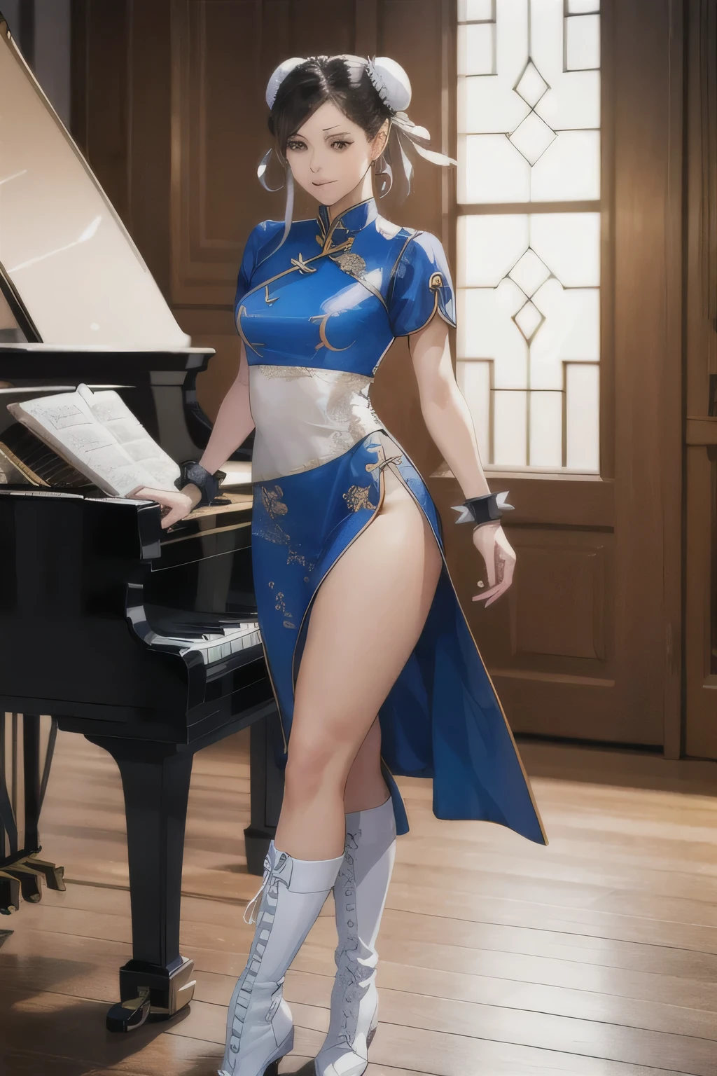  SF2CL, bun hair, blue cheongsam dress, Double Bang Hairstyles, white belt, Brown leggings, white long boots, indoor, School, music room, spike bracelet, thick legs, masterpiece, Your Highness, perfect face, perfect picture, fine eyes, piano, (piano performance:1, play the piano:1)