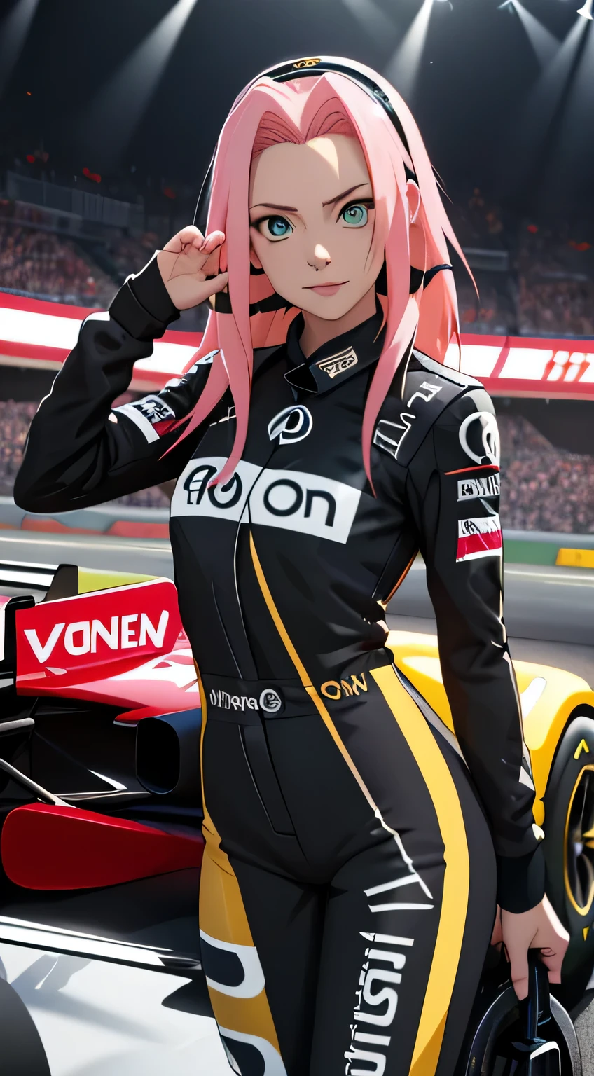 tmasterpiece, Best quality at best, 1girll, Sakura Haruno,Raised sexy,is shy,ssmile,with pink hair, long whitr hair, (Green eyeballs:1.4),blue Forehead protection, Pole Position, standing beside of her race car, anime style, bright colors, dynamic lighting, shiny finish, attention to detail, wearing black gold Lotus renault f1 suit, black gold f1 car, exciting atmosphere, race helmet on the car, vivid expressions