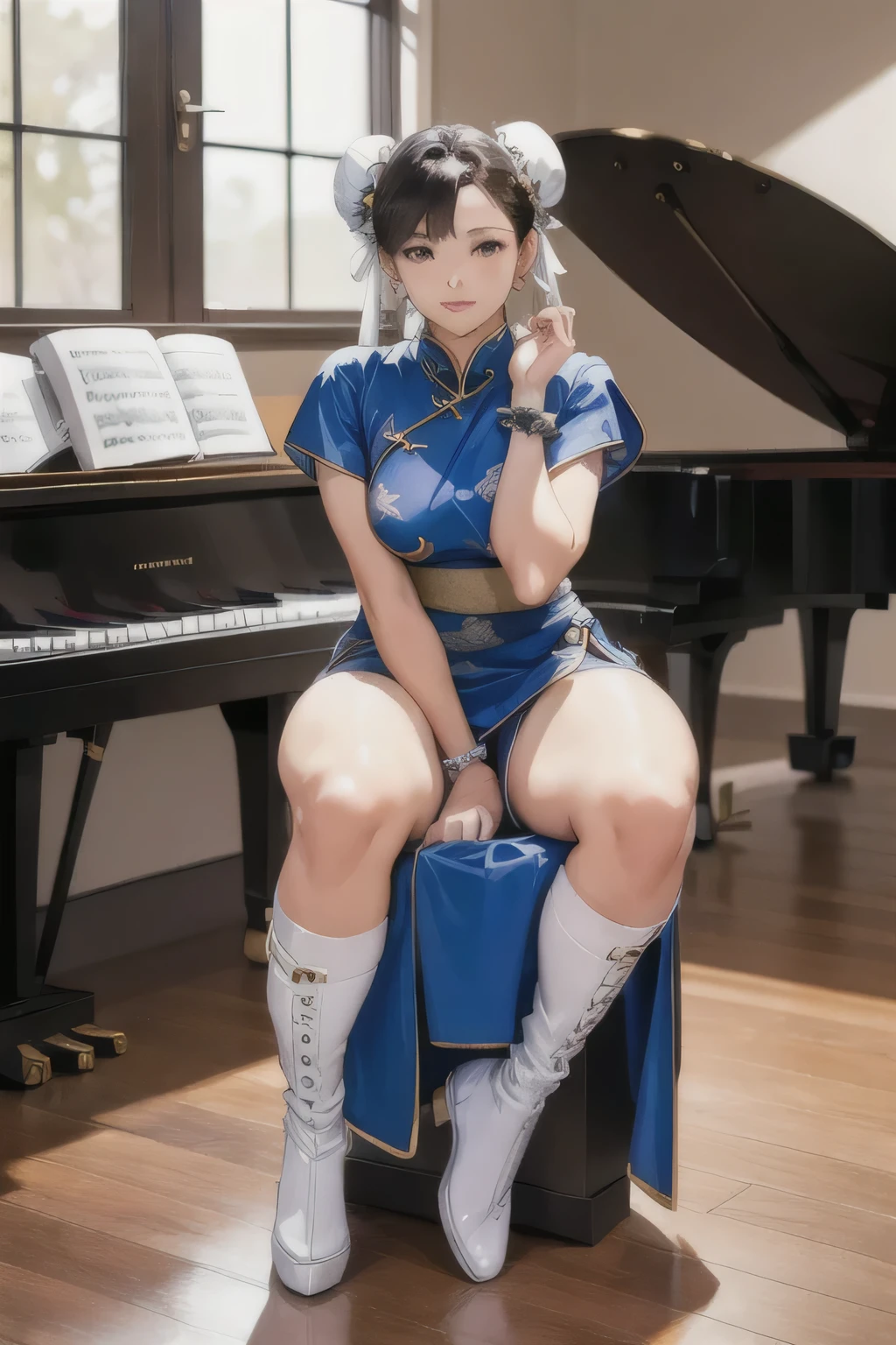 SF2CL, bun hair, blue cheongsam dress, Double Bang Hairstyles, white belt, Brown leggings, white long boots, indoor, School, music room, spike bracelet, thick legs, masterpiece, Your Highness, perfect face, perfect picture, fine eyes, piano, (piano performance:1, play the piano:1)