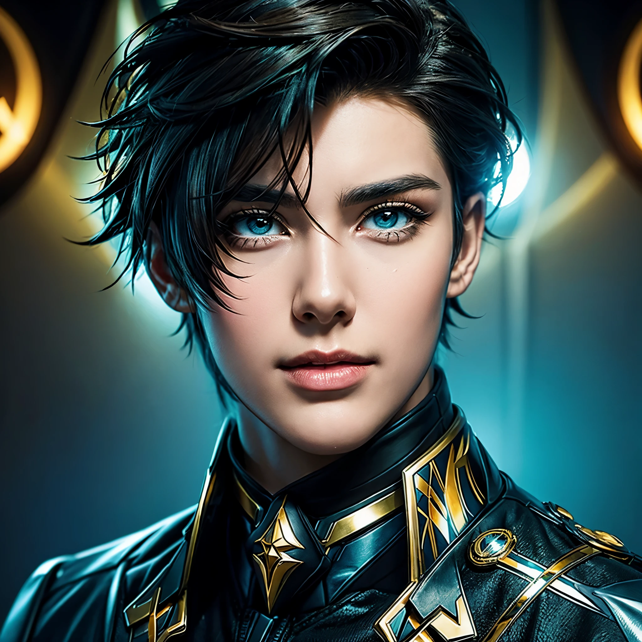 Young guy, short brown hair, Cyan eyes, Black suit with gold elements, Masterpiece, hiquality