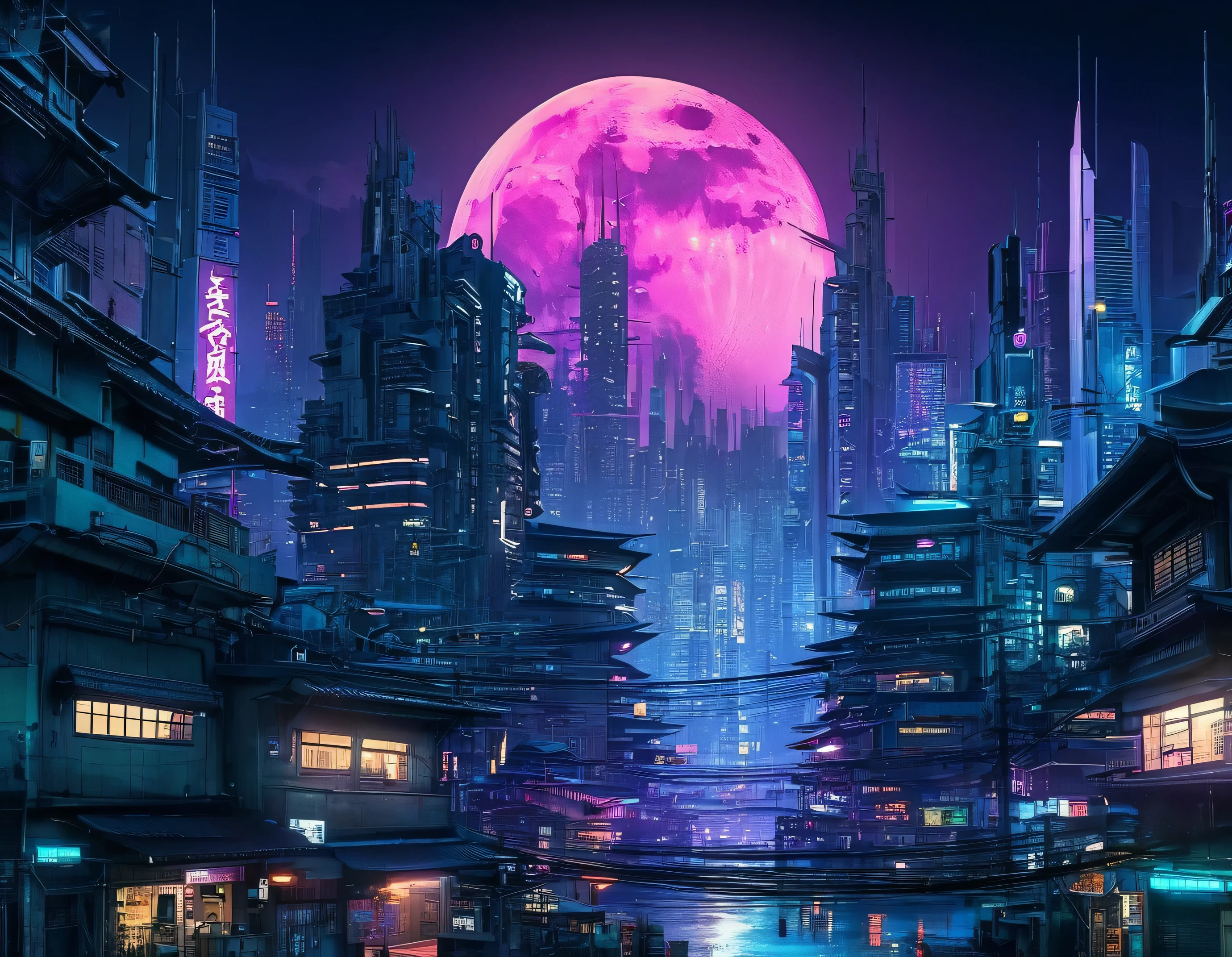 cyberpunk city under the full moon. 