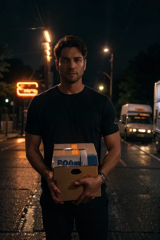 In the foreground, a realist scene unfolds: A man clutches a box of water bottles in his hand, wearing a purple t-shirt. He stands calmly in the middle of the street, framed by the soft glow of the surrounding lamplights. In the background, a delivery truck, laden with similar boxes of water bottles, comes into view. A filmic scene unfolds in 8k resolution, as the headlights from the truck pierce the night, illuminating the man and casting a warm, orange hue over the scene. The sound of the truck's engine rumbles in the air, intertwining with the gentle pitter-patter of raindrops