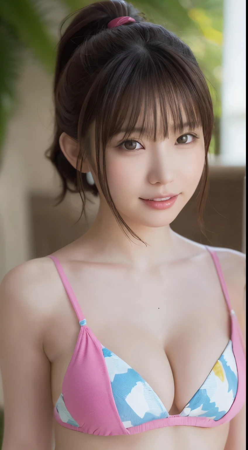 whole body, highest quality, figure, Super detailed, finely, High resolution, 8K, 完璧なダイナミックな構figure, detailed and beautiful eyes, colorful bikini,ponytail hair, middle of chest, natural color lip, random sexy poses,smile,tropical sandy beach，big breasts，