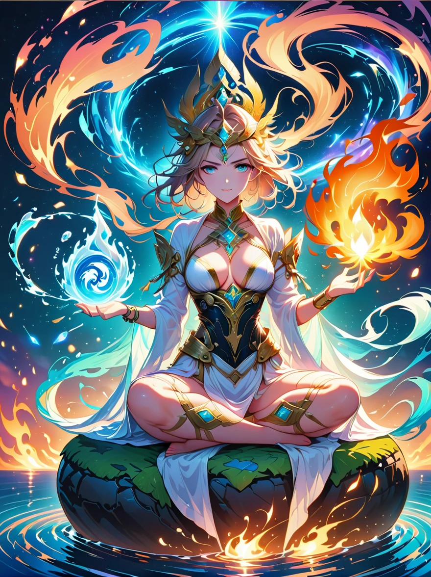 solo,1 Immortal Goddess, Super beautiful, 8K, meditation, A pale white cloth covered part of her body, Sit cross-legged, The magic circle of golden light rotates behind her, A magical magenta aura surrounds her body parts, 神奇的洋红色fire焰, fantasy, Milky Way background, (4 elements, fire, water, Wind, Earth, surround it),
