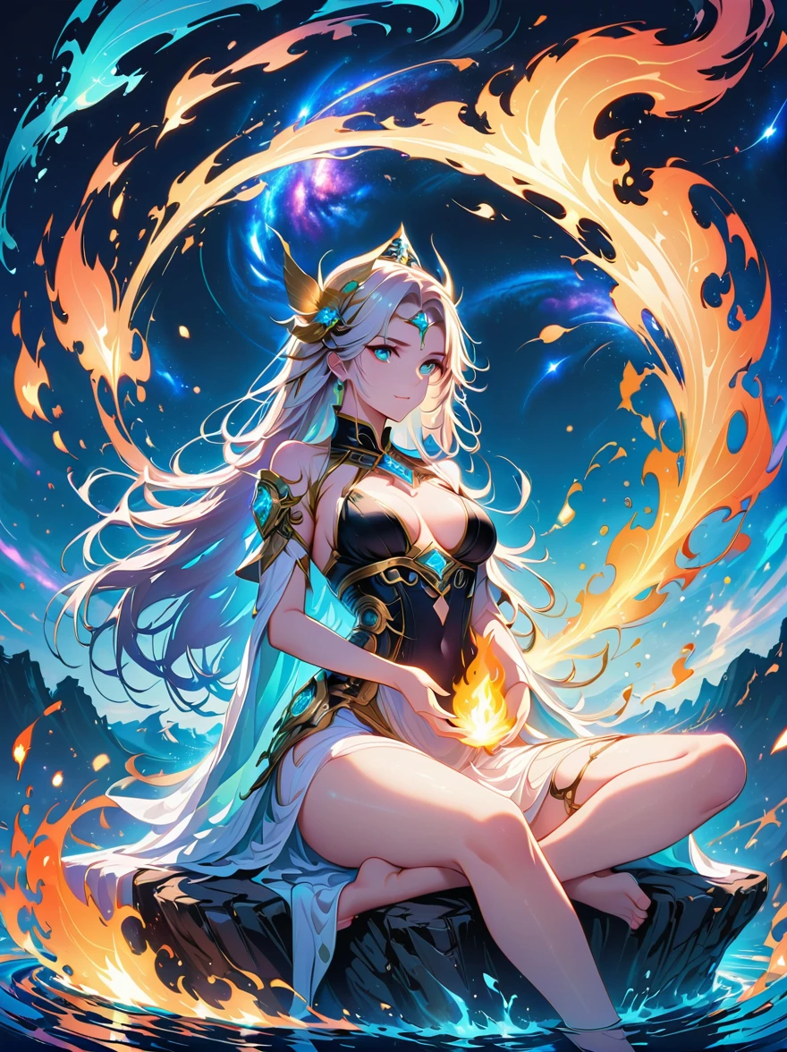 solo,1 Immortal Goddess, Super beautiful, 8K, meditation, A pale white cloth covered part of her body, Sit cross-legged, The magic circle of golden light rotates behind her, A magical magenta aura surrounds her body parts, 神奇的洋红色fire焰, fantasy, Milky Way background, (4 elements, fire, water, Wind, Earth, surround it),