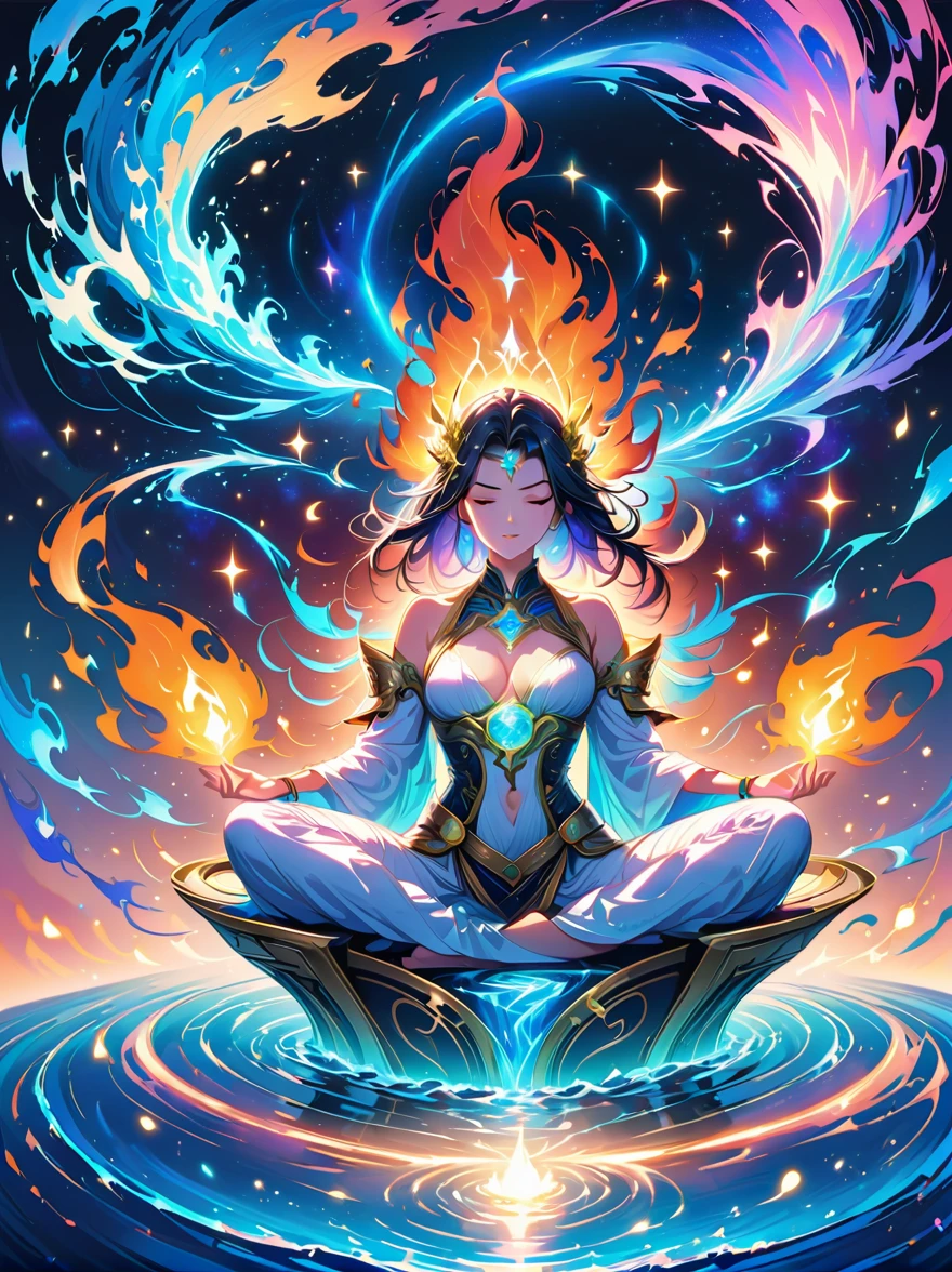 solo,1 Immortal Goddess, Super beautiful, 8K, meditation, A pale white cloth covered part of her body, Sit cross-legged, The magic circle of golden light rotates behind her, A magical magenta aura surrounds her body parts, 神奇的洋红色fire焰, fantasy, Milky Way background, (4 elements, fire, water, Wind, Earth, surround it),