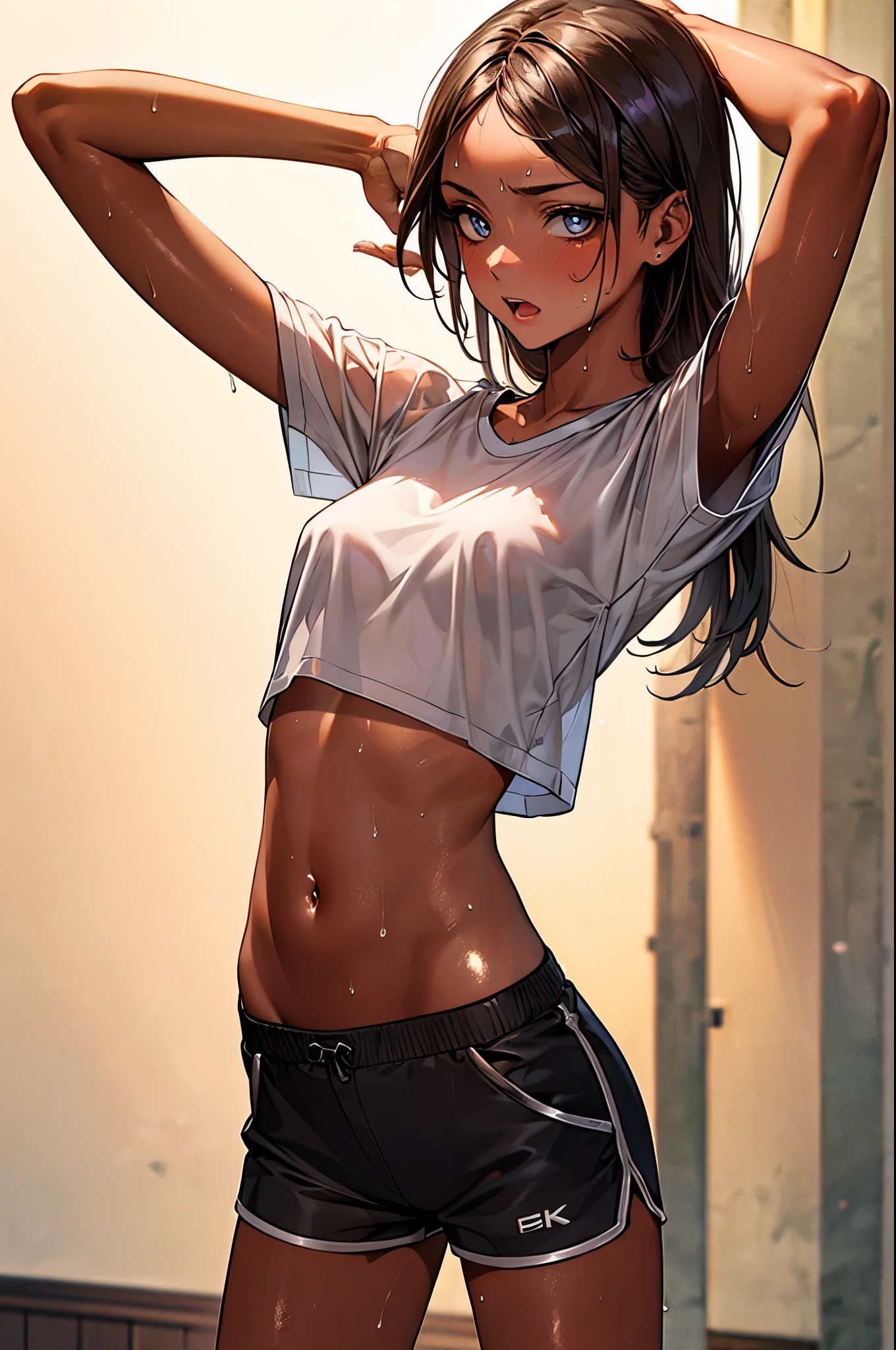 ((perfect anatomy:1.2,realistic,:1.3,RAW Photography:1.3,masterpiece、highest quality、Ultra - High resolution、High resolution、Highly detailed CG、8K)),cowboy shot,1 female,solo,20 year old beauty,((beautiful detailed face and eyes,big and gorgeous eyes)), brown eyes,open mouth,steam:.1.5、heavy breathing:1.5,(brown hair,long hair,forehead,center parted hair:1.2、straight hair),(medium breasts,slender body,small head:1.3,skinny,tan skin,gleaming skin,oily skin,shiny skin,sweat:1.7),  BREAK  ,(((Tops that are see-through with sweat、white t-shirt,navel, sweatshorts,dark gray micro shorts))),   BREAK   ,standing,hand touching waist、training in progress、spread legs:1.5,arms up,gymnasium hall,