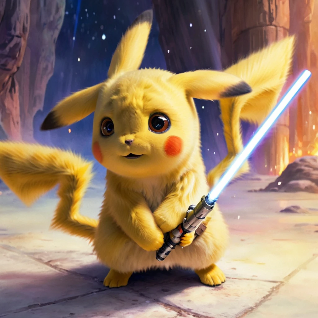 PIKACHU like a Jedi with a lightsaber, PIKACHU holding a lightsaber with both hands, delicate, impressionistic, bright, vivid, colorful, highly detailed, magnificent, heavenly, ethereal, ethereal, celestial, painterly, wonderful, magnificent, magical, fantasy art, Cover art, dreamy, watercolor ethereal fantasy concept art.